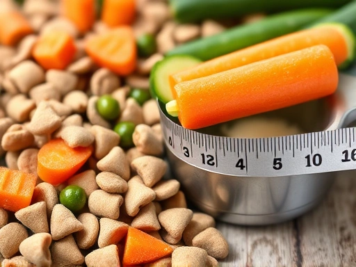 강아지 체중 관리 식단 조절을 위한 저칼로리 건사료 알갱이와 신선한 야채 간식(당근, 오이)이 놓여 있는 클로즈업 사진.