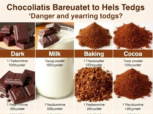 다양한 종류의 초콜릿(다크, 밀크, 베이킹, 코코아 파우더)이 강아지에게 위험할 수 있음을 보여주며, 각 초콜릿의 독성 성분인 테오브로민 함량 차이를 시각적으로 강조합니다.