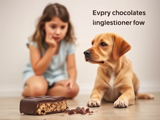 걱정스러운 표정의 반려인이 강아지가 초콜릿 조각 옆에 앉아 있는 것을 보고 있는 장면