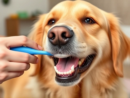 밝고 사랑스러운 표정의 골든 리트리버가 보호자의 손에 의해 치아가 닦이는 장면
