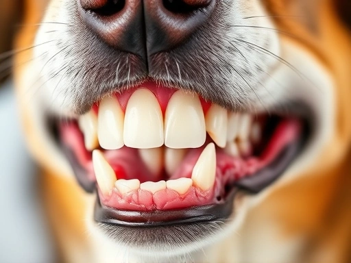 강아지의 깨끗한 치아와 건강한 잇몸을 클로즈업한 장면