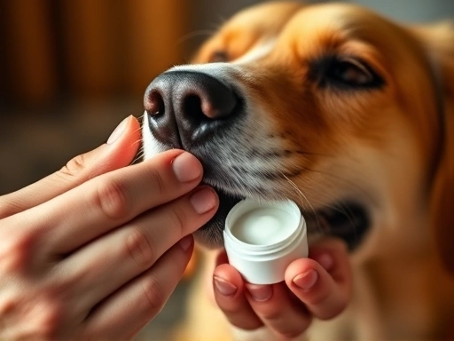 따뜻한 조명 아래서 주인이 반려견의 코에 반려견 전용 보습 밤을 조심스럽게 바르는 장면
