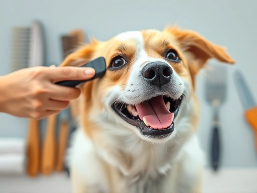 다양한 종류의 브러시와 애견 미용 도구들이 배경에 깔끔하게 정돈되어 있고, 행복해 보이는 강아지가 주인에게 빗질을 받는 장면