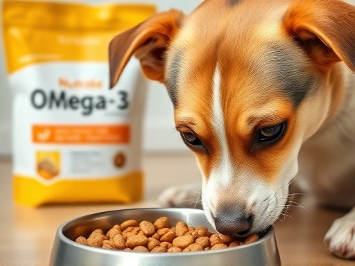 오메가-3 보충제와 사료 봉지가 배경에 흐릿하게 보이며, 강아지가 건강한 털을 가진 채 만족스럽게 사료 그릇을 바라보는 클로즈업 장면