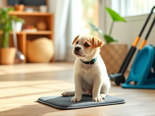 따뜻한 조명 아래, 걱정스러운 표정으로 구토물을 조심스럽게 살펴보는 보호자와 그 옆에 앉아있는 갈색 푸들 강아지.