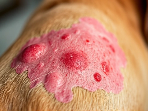 강아지 피부의 붉은 발진 부위를 클로즈업하여 보여주는 사진, 피부병 초기 증상