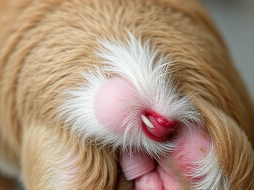 클로즈업된 강아지 상처 부위, 깨끗하게 소독된 피부와 주변 털, 감염 방지를 위한 세심한 관리