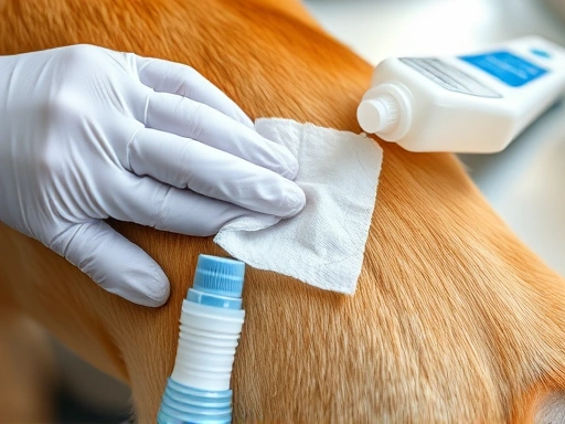 강아지 피부에 생긴 상처를 멸균 거즈와 소독액으로 조심스럽게 소독하는 모습