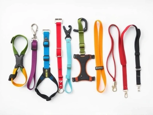 다양한 종류의 강아지 목걸이와 하네스가 정돈된 배경 위에서 깔끔하게 놓여 있으며, 초점은 각각의 장비를 뚜렷하게 보여주어 강아지 산책 장비 선택에 도움이 되는 시각적인 정보를 제공합니다.