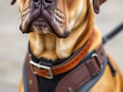 강아지 목에 착용된 가죽 목걸이와 가슴에 착용된 나일론 하네스가 클로즈업되어 있으며, 강아지 얼굴은 평온하고 편안한 표정으로 목걸이와 하네스의 착용 모습