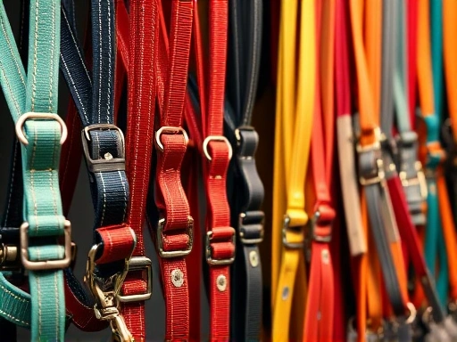 다양한 종류의 강아지 하네스와 리드줄이 진열된 상점의 진열대 클로즈업, 여러 색상과 재질의 제품들이 깔끔하게 정리되어 있으며, 각 제품의 섬세한 디자인과 견고한 박음질이 강조된 모습