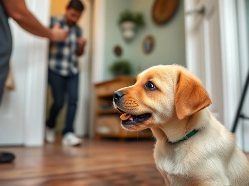 주인이 강아지에게 하우스 안으로 들어갈 때 좋아하는 간식을 건네는 장면