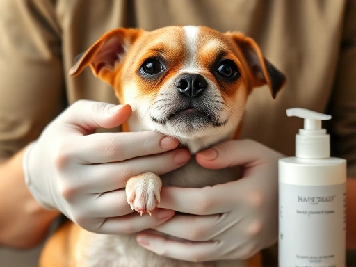 A close-up shot of a dog owner gently but confidently holding a small dog, demonstrating the proper hand position to express anal glands, with hygiene products like gloves and wipes visible, emphasizi...