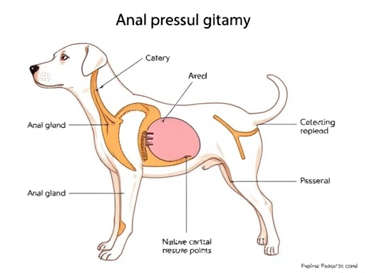 A clear, detailed illustration or diagram showing the internal anatomy of a dog's anal glands and the correct external pressure points for expressing them, accompanied by a clean, professional aesthet...