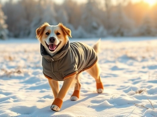 따뜻한 겨울옷을 입고 눈밭에서 산책하는 행복한 반려견의 모습