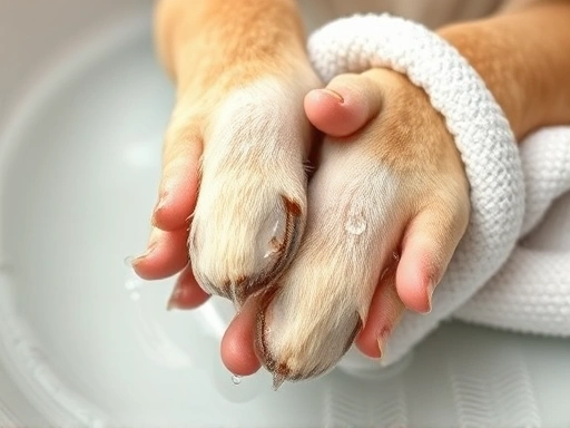 근접 촬영된 강아지 발바닥이 미지근한 물에 씻겨지는 장면