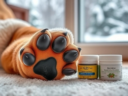 눈이 내리는 겨울날, 따뜻한 실내에서 편안하게 쉬고 있는 강아지의 발바닥을 클로즈업하여 보여주는 이미지