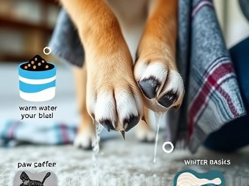 야외 산책 후 집으로 돌아온 반려견의 발바닥을 주인이 부드럽게 닦아주고 보습제를 발라주는 클로즈업된 장면