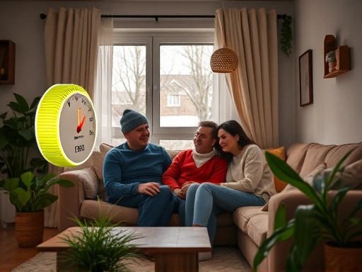 아늑하고 따뜻한 겨울 실내에서, 쾌적한 습도를 나타내는 습도계와 함께 편안함을 느끼는 가족의 모습