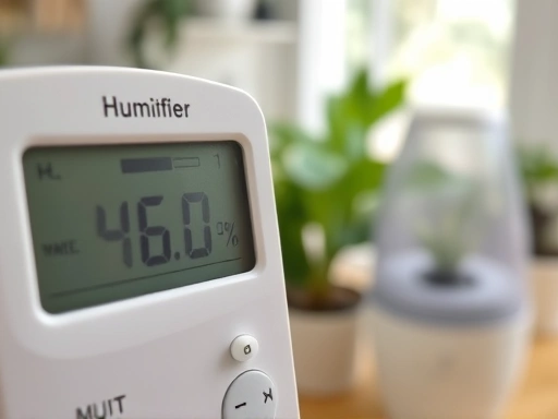 근접 촬영으로 보여지는 디지털 습도계 화면, 40-60% 사이의 습도 수치가 명확히 보이며, 배경에는 증기가 나오는 가습기와 실내 식물