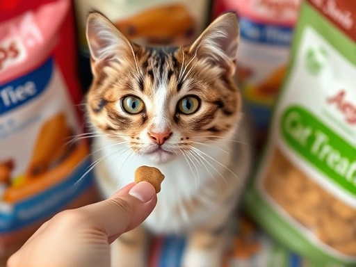 귀여운 고양이가 보호자의 손에 있는 간식을 갈망하는 표정으로 바라보고 있는 클로즈업 사진, 주변에 다양한 고양이 간식 봉투가 놓여 있고, 보호자의 손이 간식을 주는 순간을 포착하여 고양이 간식 횟수와 양에 대한 궁금증을 자아내는 시각적 요소를 강조