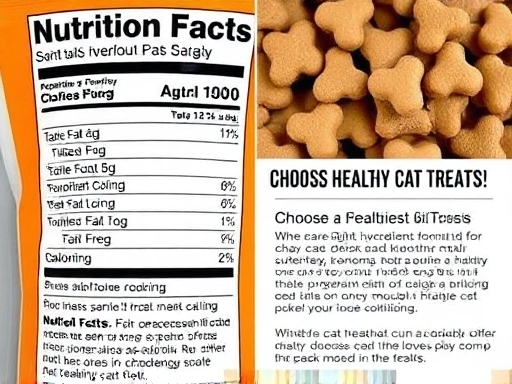 여러 종류의 고양이 간식과 함께 영양 성분표가 명확히 보이는 확대 사진, 건강한 고양이 간식 선택의 중요성을 시각적으로 보여주며 고양이 간식 성분과 칼로리 정보를 암시하는 구체적 묘사