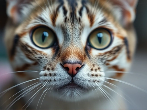 Close-up of a cat's face, showing signs of hyperthyroidism, dilated pupils and alert expression detail