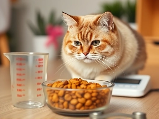 A cute, slightly overweight cat looking at a bowl of healthy diet cat food, with measuring cups and a digital scale in the background, conveying a focus on controlled portions and healthy eating, in a...