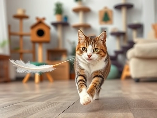 A playful, active cat chasing a laser pointer or feather wand, demonstrating an enjoyable exercise routine, with a blurred background of a living room filled with cat trees and toys, emphasizing activ...
