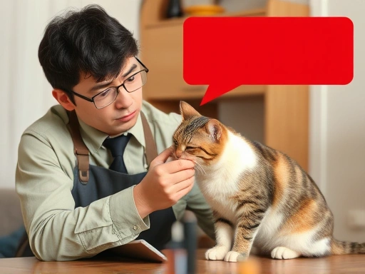 걱정스러운 표정의 집사가 무기력한 고양이를 쓰다듬으며 구토 흔적을 살펴보는 모습