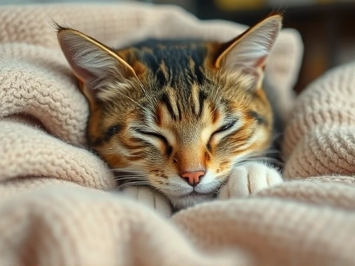 따뜻한 담요 위에서 편안하게 쉬고 있는 고양이의 클로즈업.