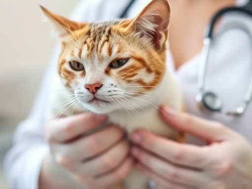 수의사가 청진기로 고양이의 가슴을 진찰하고 있는 클로즈업 장면