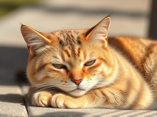 편안하게 누워있는 노령묘, 따뜻한 햇살 아래에서 편안한 표정으로 휴식을 취하는 모습