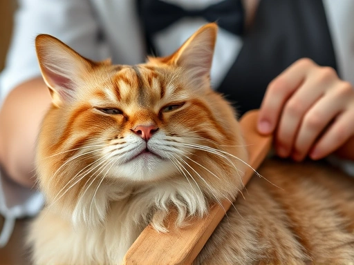 집사가 부드러운 브러쉬로 노령묘의 털을 빗질하는 클로즈업, 평화로운 분위기
