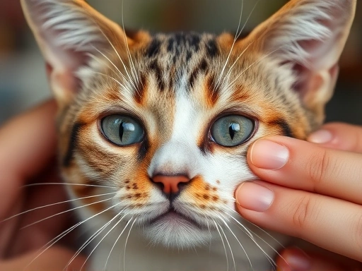 걱정스러운 표정의 고양이 눈에 눈곱이 많이 낀 모습