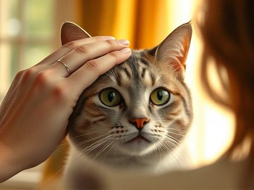 걱정스러운 표정으로 고양이의 눈을 부드럽게 닦아주는 여성의 손길, 따뜻한 햇살이 비치는 실내 묘사