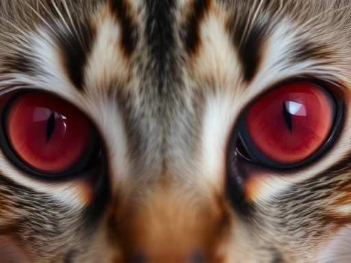 클로즈업된 고양이의 눈, 붉게 충혈되고 눈물이 맺힌 모습