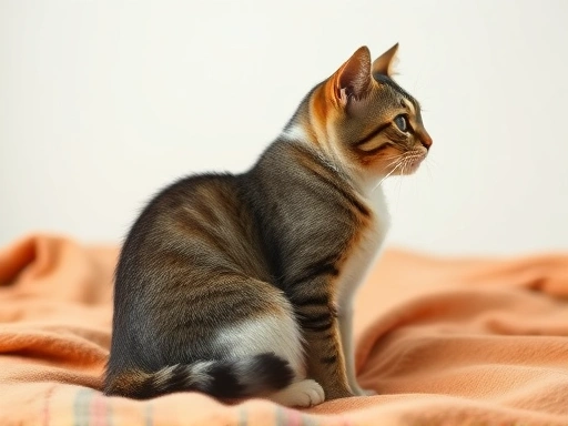 따뜻한 담요 위에 앉아 불안한 듯 주변을 살피는 고양이의 클로즈업.