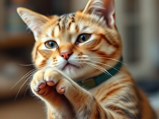 고양이 발을 부드럽게 잡고 찢어진 발톱을 자세히 살펴보는 장면