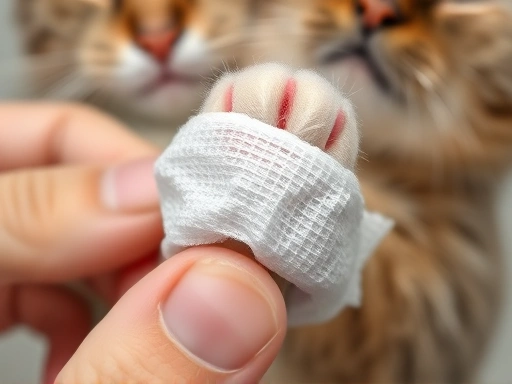 소독된 거즈로 고양이의 찢어진 발톱을 부드럽게 감싸는 클로즈업, 안전하고 조심스러운 손길 강조