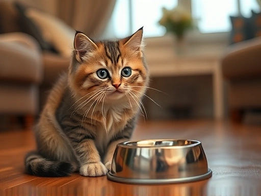 따뜻하고 아늑한 방에서 귀여운 고양이가 사료 그릇 앞에서 걱정스러운 표정으로 앉아 있는 모습