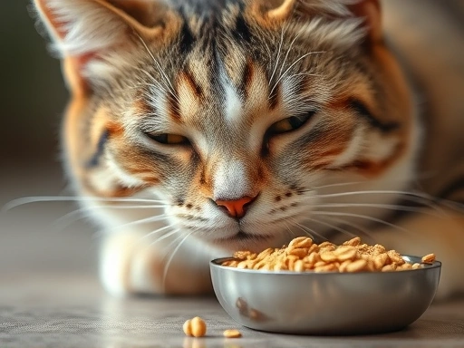 고양이에게 식이섬유 보충제를 먹이는 클로즈업 샷, 편안한 표정의 고양이, 건강한 느낌