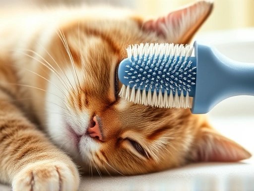 고양이가 빗질을 즐기며 편안하게 누워있는 모습