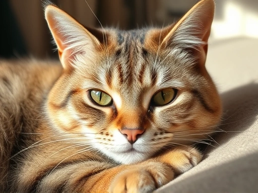 따뜻한 햇살 아래 편안하게 쉬고 있는 노령 고양이의 클로즈업 사진, 나이든 고양이의 눈빛과 털의 질감을 섬세하게 묘사하며, 고양이 생애 주기의 마지막 단계를 보여주는 이미지