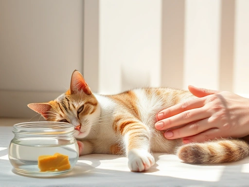 따뜻한 햇살 아래 편안하게 누워있는 고양이 옆에 놓인 물그릇과 부드러운 사료, 보호자가 부드럽게 쓰다듬는 손길이 보이는 평화로운 장면