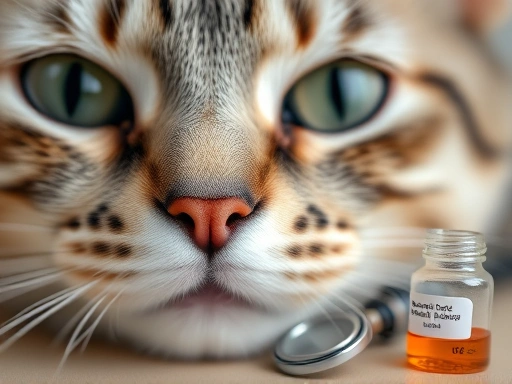 근접 촬영된 고양이의 촉촉한 코와 맑은 눈, 그리고 그 옆에 놓인 작은 수의사 청진기 모형과 약병이 보이는 장면