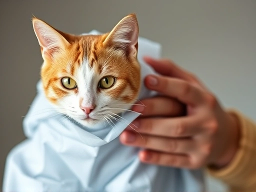 고양이가 환묘복을 입고 수술 부위를 보호하는 모습