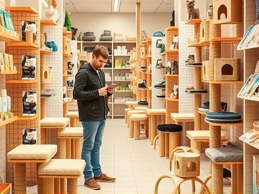 다양한 종류의 고양이 스크래처들이 깔끔하게 진열된 밝은 펫샵 내부의 풍경, 여러 고양이 스크래처 제품들이 전시되어 있으며, 고양이 발톱 관리에 관심 있는 보호자가 제품을 살펴보고 있다.