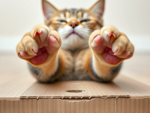 고양이가 골판지 스크래처 위에서 앞발을 쭉 뻗어 시원하게 발톱을 가는 클로즈업 장면