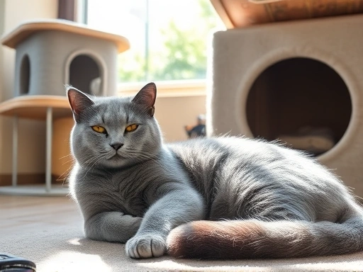 따뜻한 햇살 아래 편안한 자세로 휴식을 취하고 있는 회색 고양이의 모습